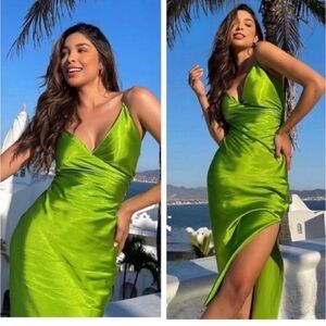 Zara Lime Green Draped Lingerie-Style Flowy Mini Dress. Size S.
